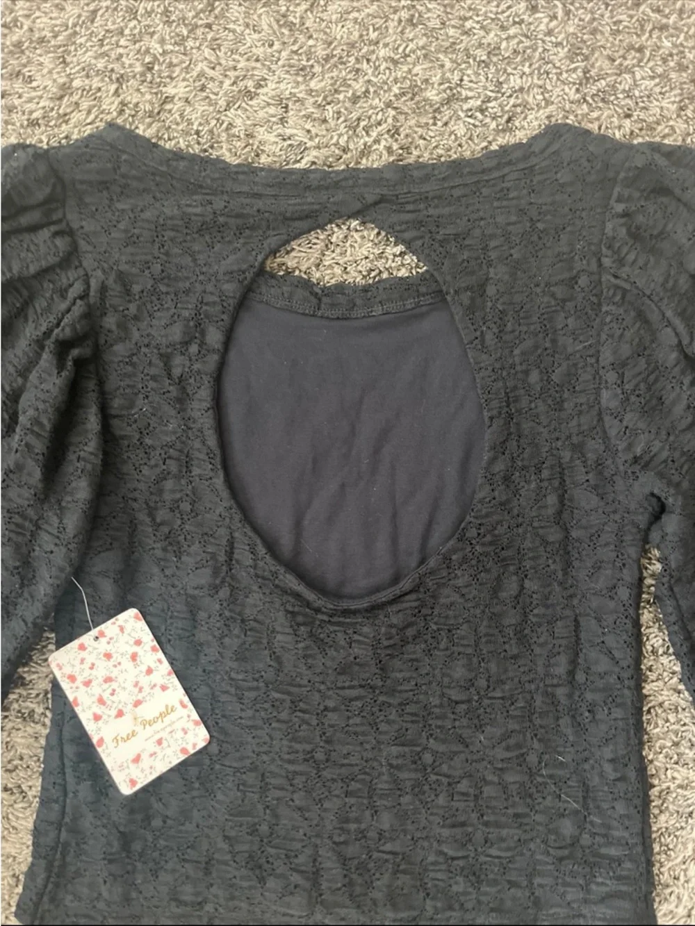 Free People Tea Time Lace Open Back Puff Sleeve Top Black Small Women’s NWT